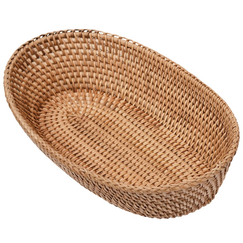 i-lan Large Size Handmand Oval Bread Serving Basket, Natural Rattan Fruit Bowl, Coffee Table Tray for Food Storage, Snack, Vegetable, Honey Brown ï¼ˆL: 12.5") - Image 1